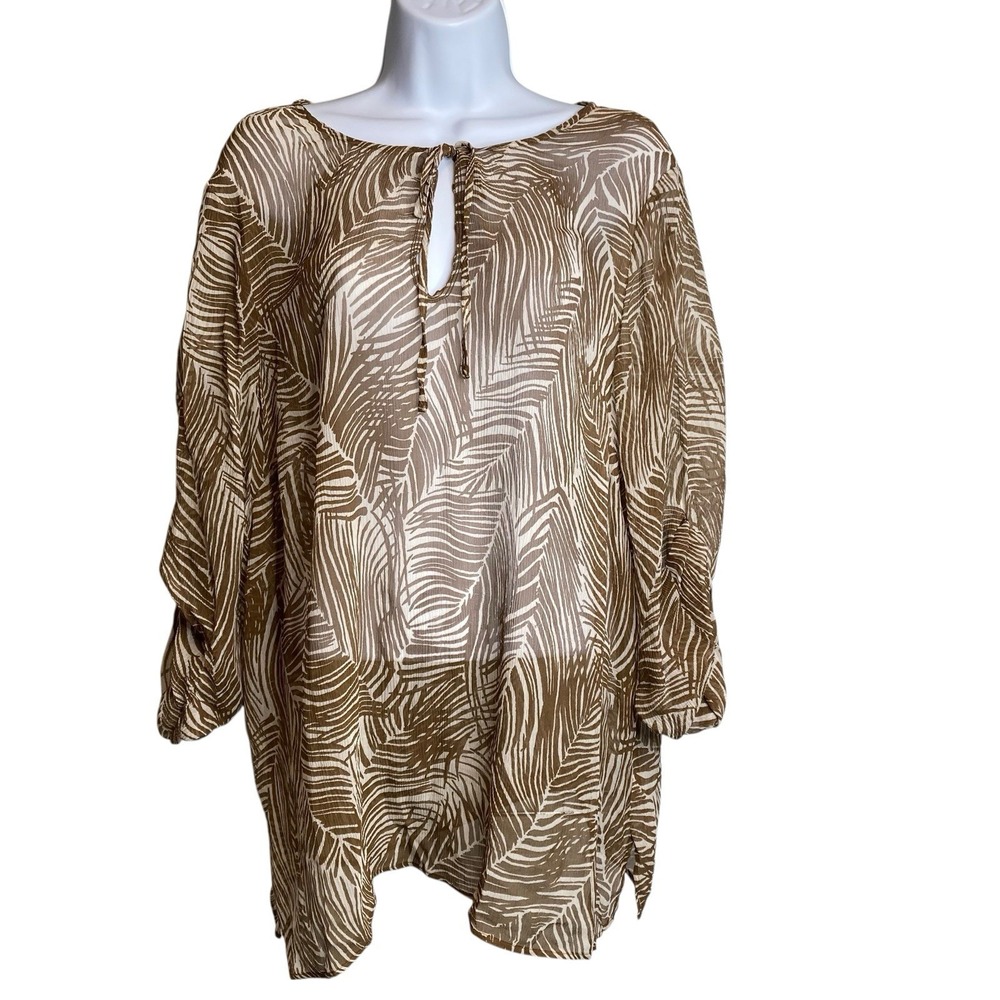 TALBOTS Sheer Brown Tropical Palm Print Blouse Sz XLP Neutral Flowy Casual Chic